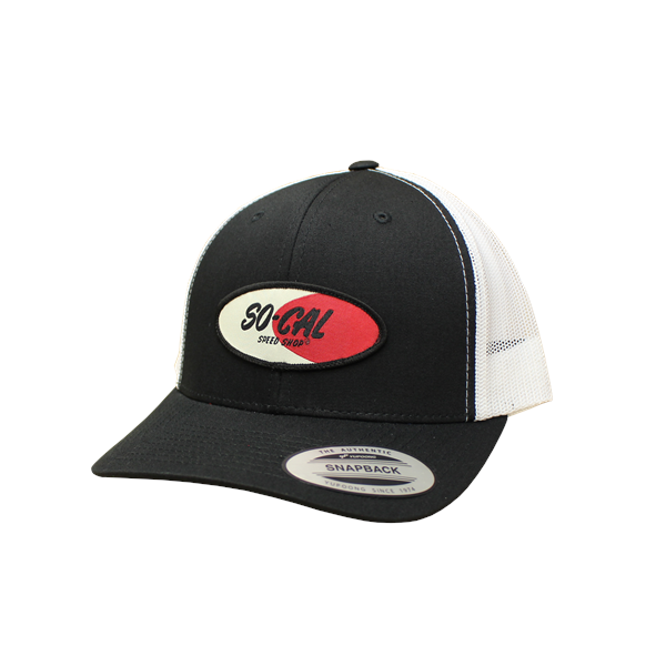 SNAP BACK TRUCKER HAT, BLACK AND WHITE, LOGO PATCH