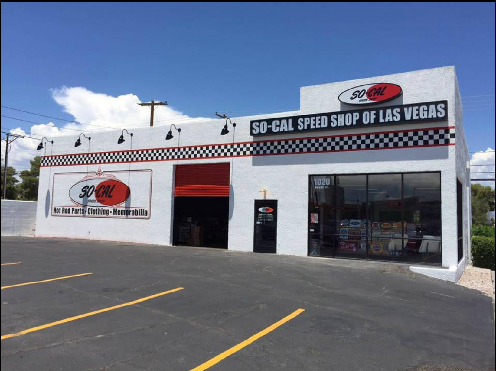 Building with 'SO-CAL Speed Shop of Las Vegas' sign on a clear day